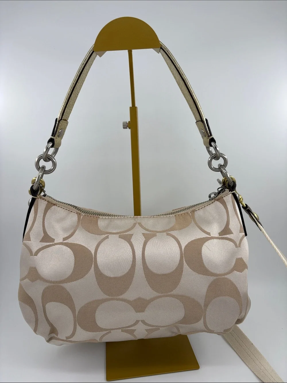 Coach Poppy Beige Signature Canvas Shoulder Bag with Gold Accents